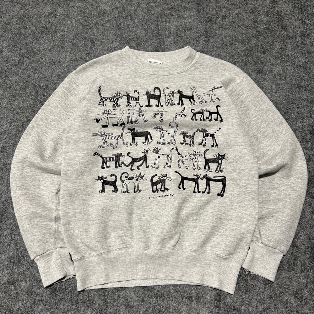 Vintage 1991 Tultex Cat Graphic Sweatshirt Grey 90s Retro Size Small